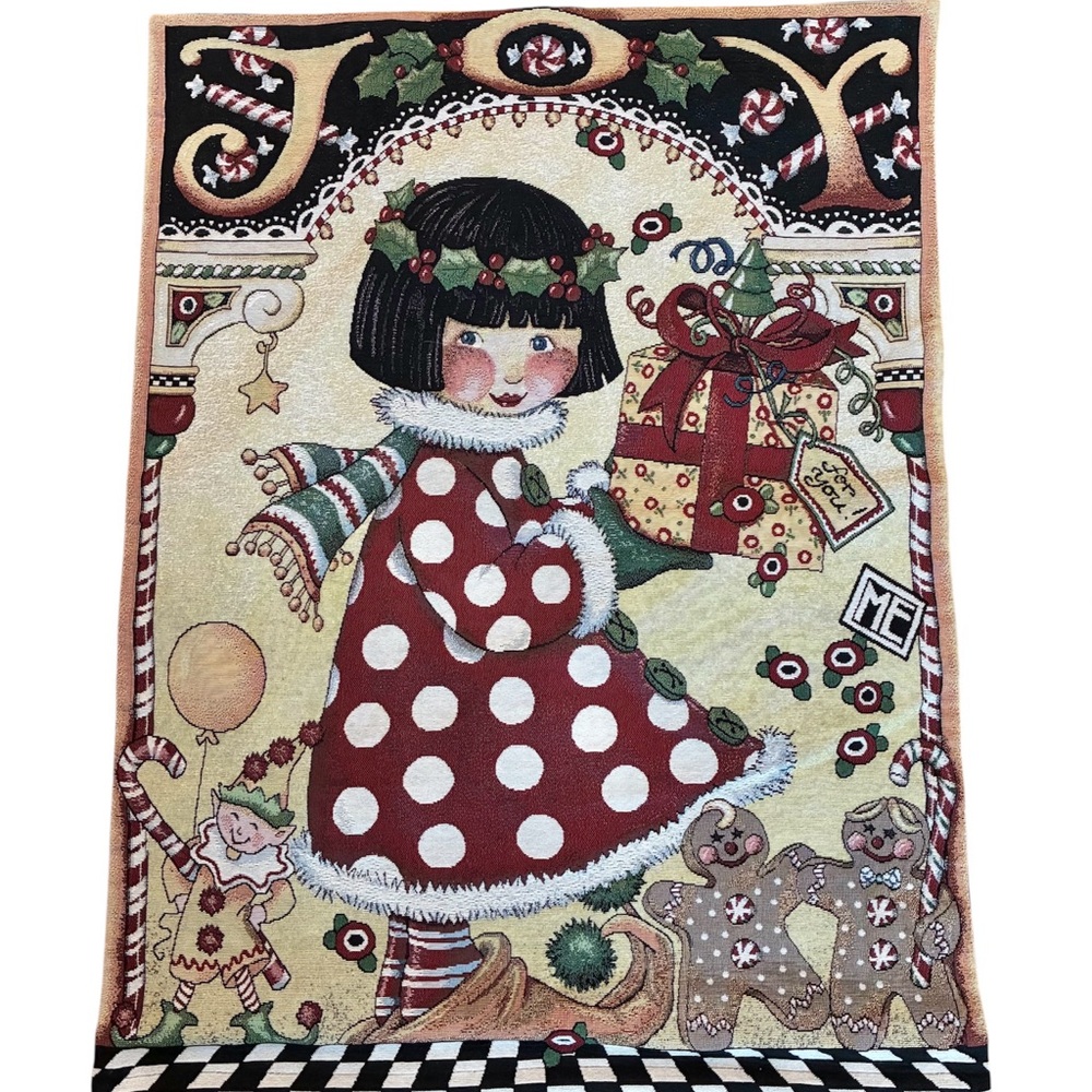 Mary Engelbreit Christmas Hanging Wall Tapestry with Tabs Joy Angel Vtg